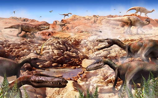 Caption: A herd of primitive carnivorous dinosaurs (Coelophysis, foreground) is enveloped by a sandstorm, while a large carnivorous crocodile-like archosaur (Postosuchus) and several early sauropodomorph dinosaurs lurk in the background.